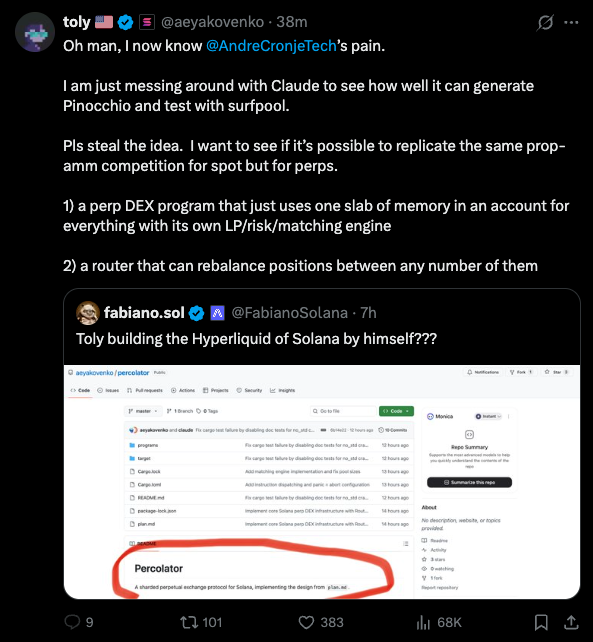 Toly's tweet about building a perp DEX